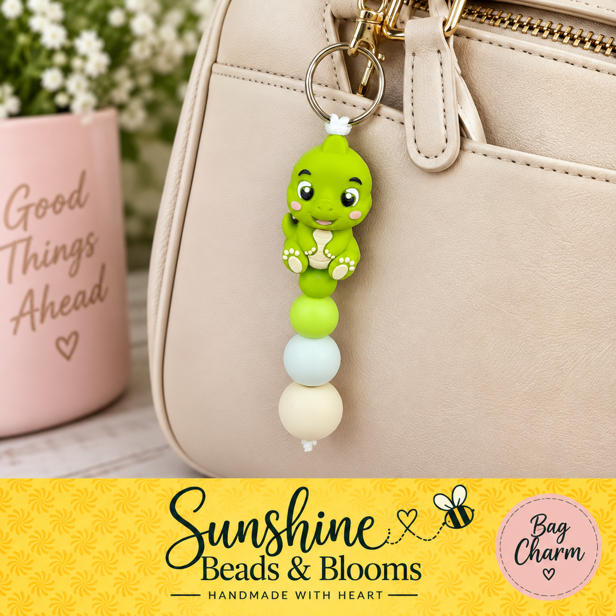 Green Dinosaur Bag Charm | Handmade Beaded Backpack & Purse Accessory