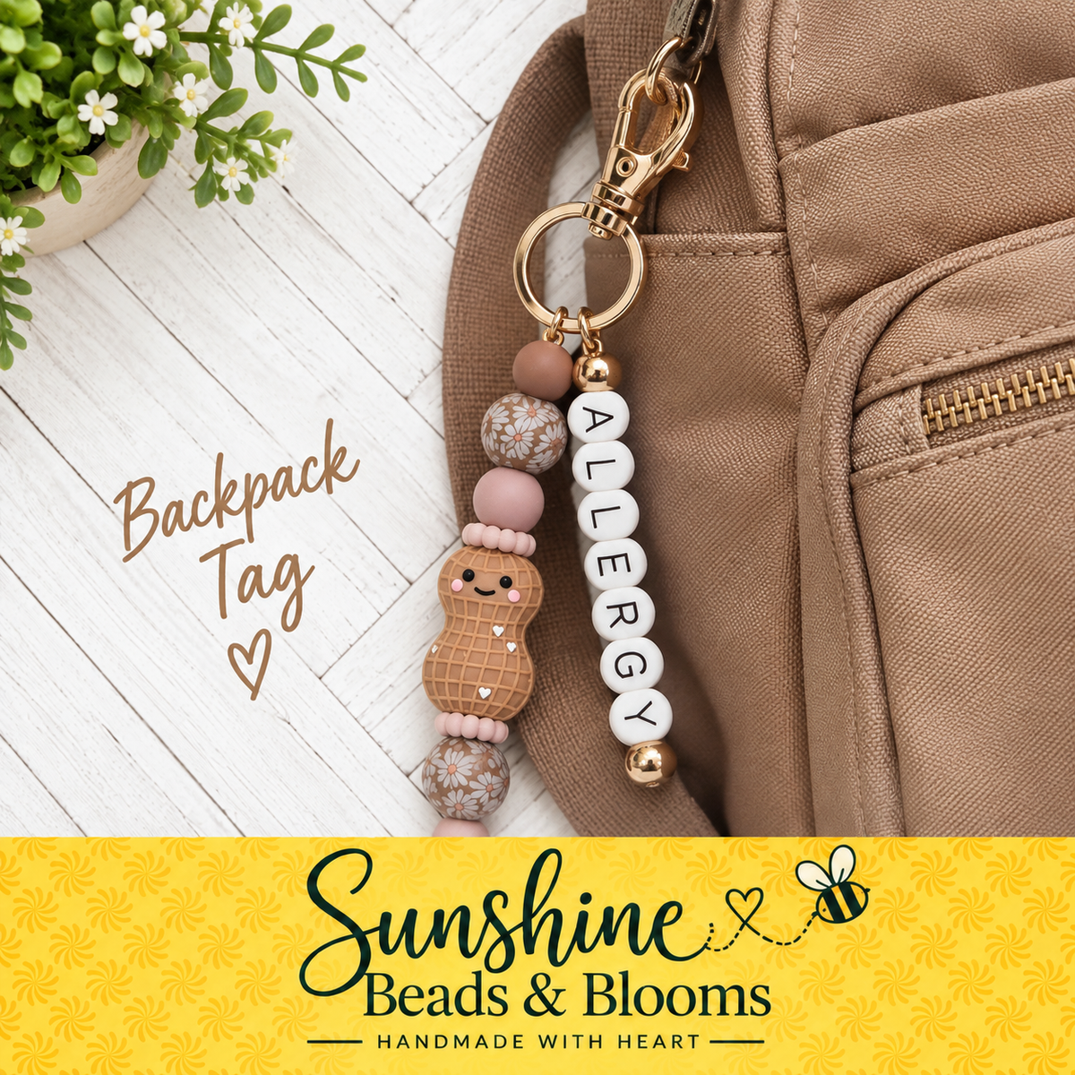 Peanut Allergy Backpack Tag | Handmade Beaded Allergy Alert Bag Charm