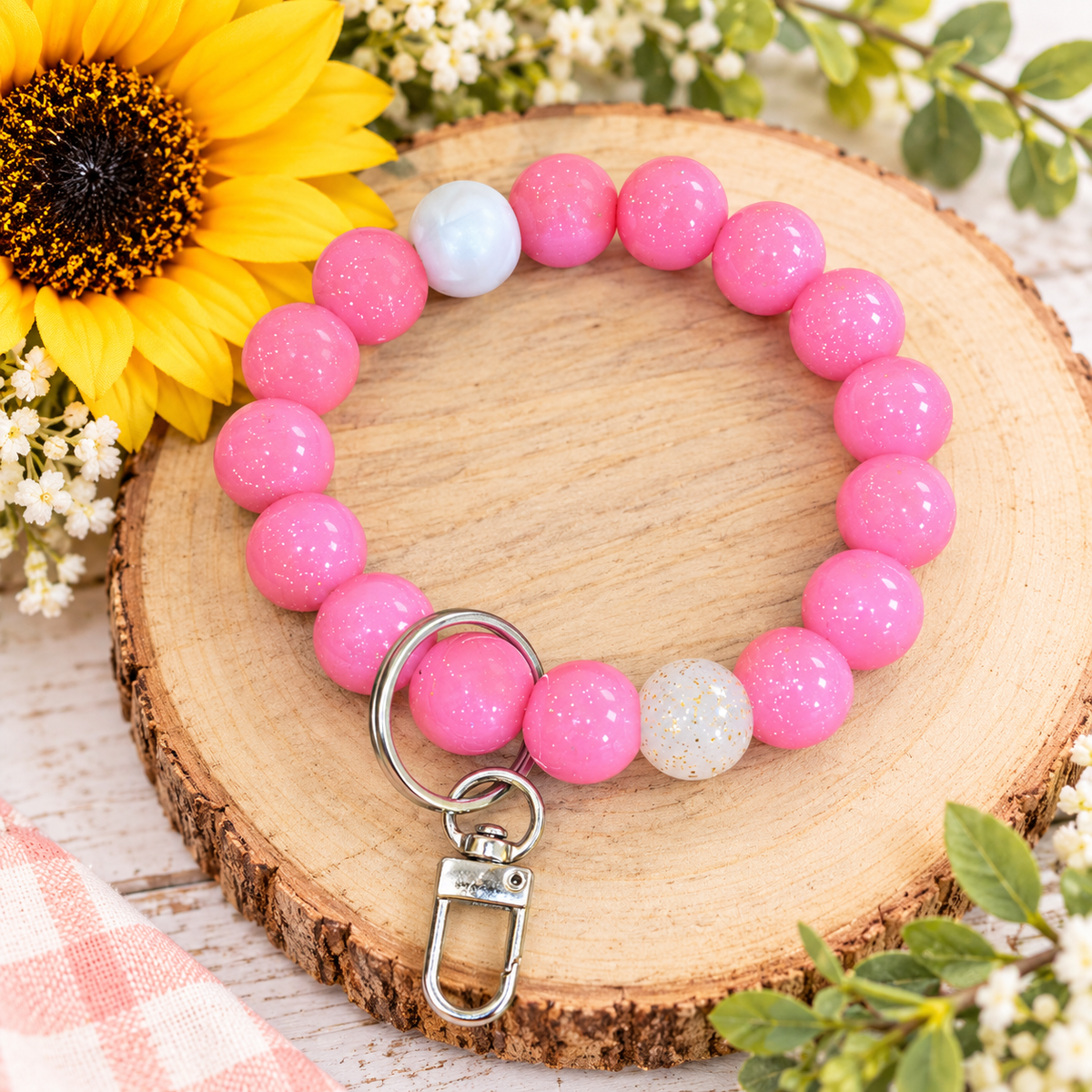 Pink Sparkle Beaded Wristlet Keychain | Handmade Key Ring